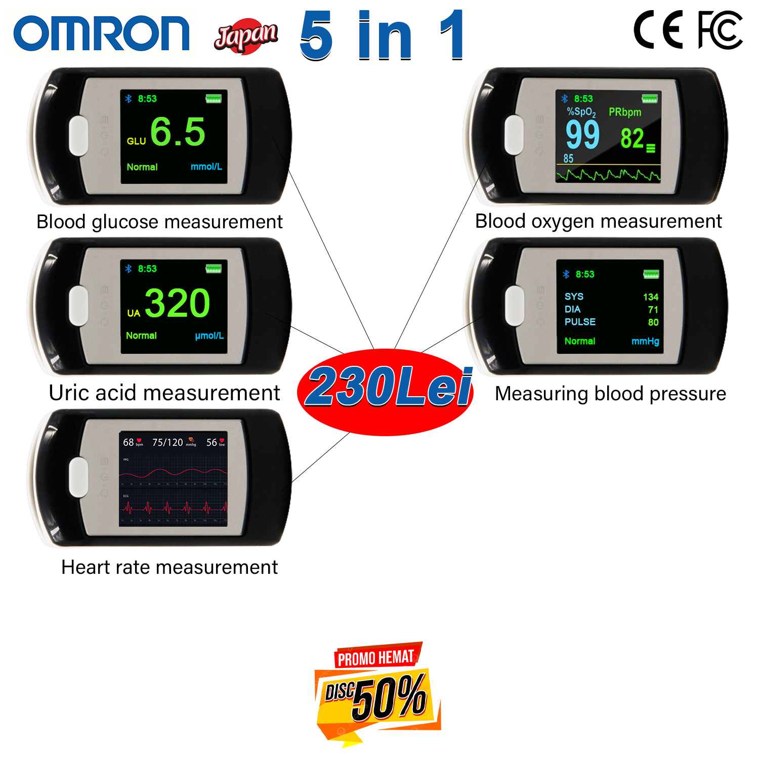 T02 (glucemia no invasiva + oxígeno en sangre no invasiva + ácido úrico no invasivo + frecuencia cardiaca no invasiva + tensión arterial no invasiva)